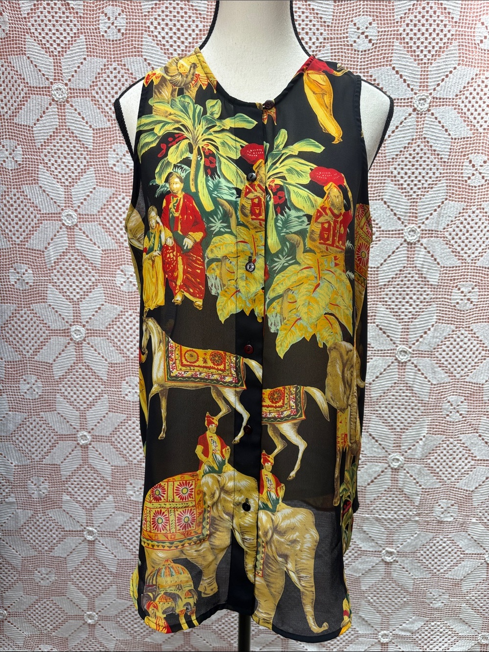 Como Studio Sheer Rayon Safari Print Sleeveless Blouse Sz 10